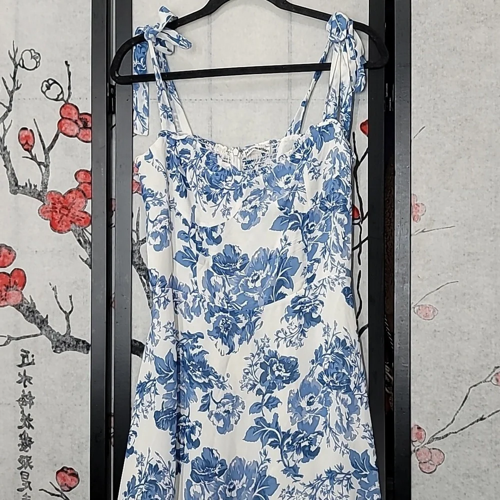 Reformation Nikita Olympia Blue White Floral Print Dress Size 10 - Picture 4 of 12